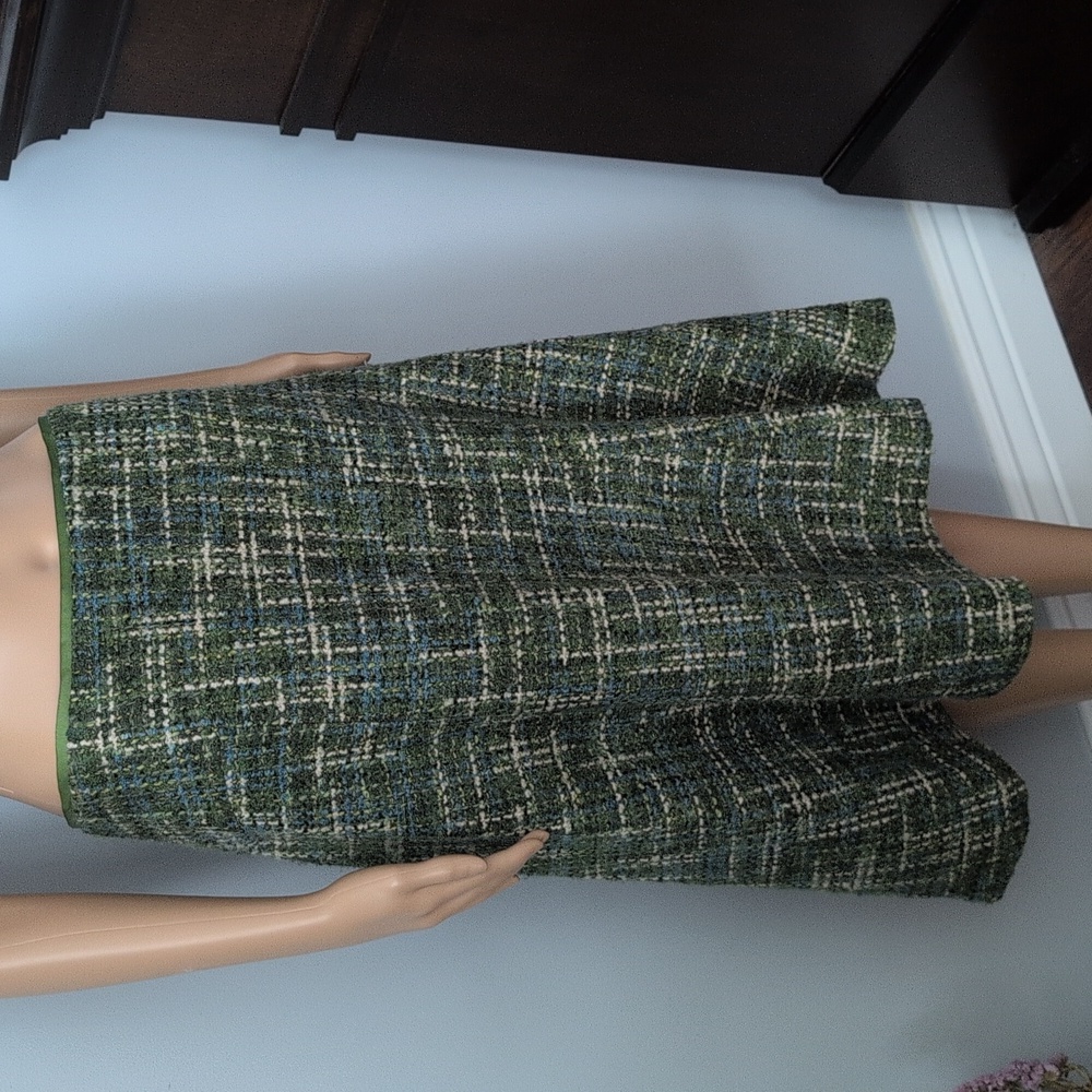 DANIER Made in Canada Wool Blend Tweed Midi Skirt Green Blue Plaid Size 8 - Picture 4 of 16